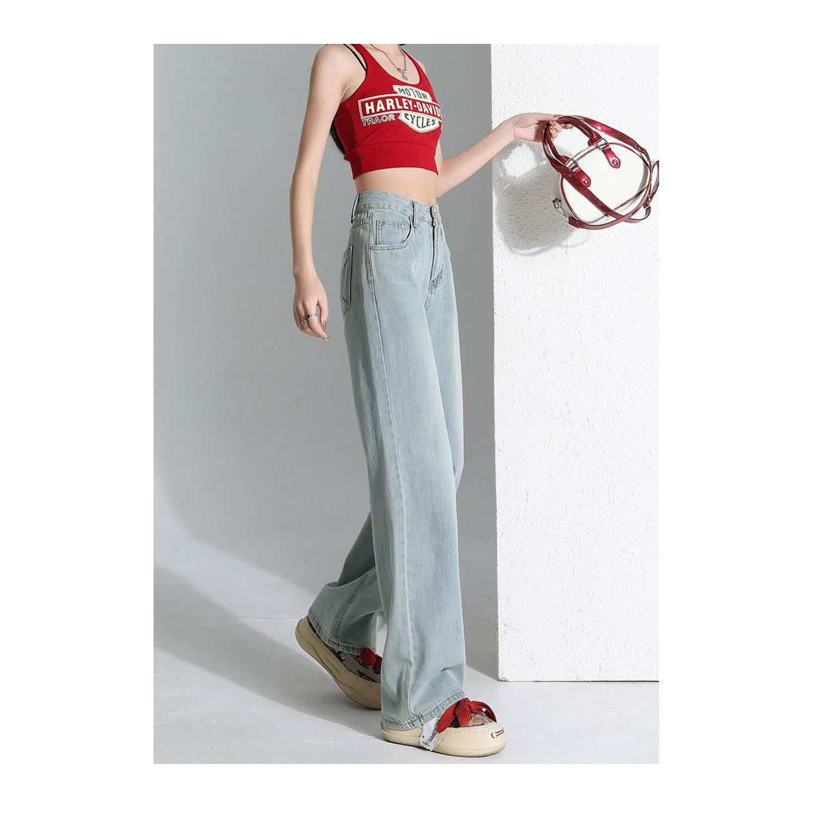 浅蓝色高腰阔腿牛仔裤女2025春季新款宽松显瘦百搭垂感直筒拖地裤