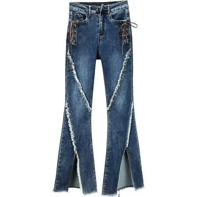 显瘦美式复古棕色毛边微喇叭裤开叉牛仔裤春秋高腰拖地裤长裤子女