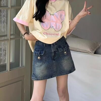 松紧腰牛仔半身裙女长裙秋中长款设计感小众高腰显瘦包臀a字伞裙