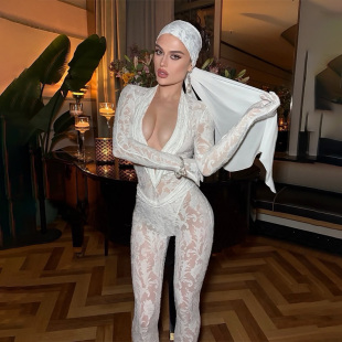 连体套装 显瘦长袖 蕾丝低领设计修身 cngirl欧美性感辣妹风纯欲时尚