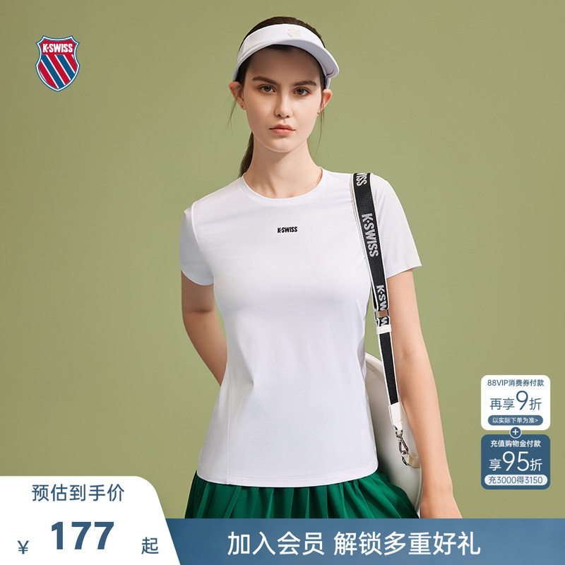 KSWISS盖世威T恤女夏透气速干衣休闲修身白色运动网球服1910103