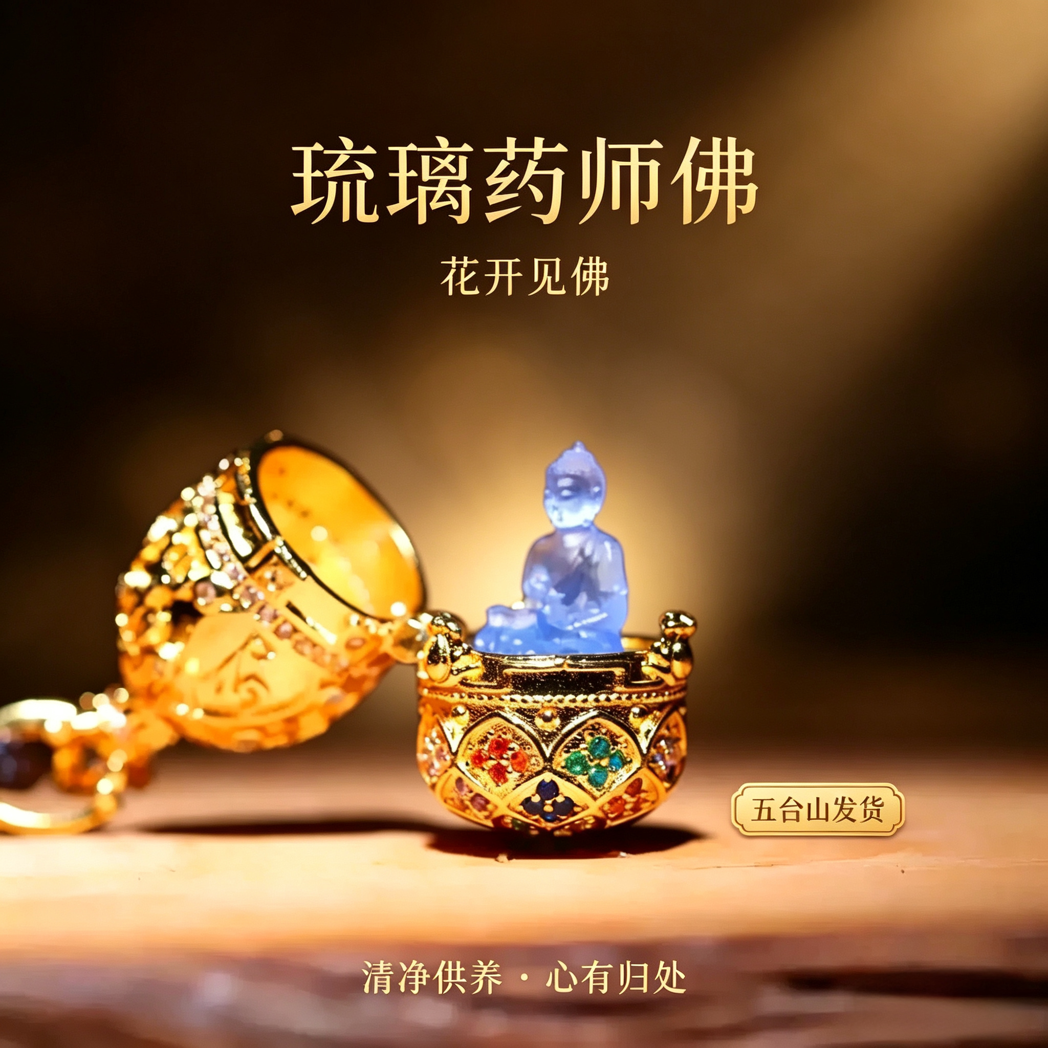 五台山花开见佛微镶锆石琉璃小佛嘎乌盒吊坠 琉璃随身佛龛可开合