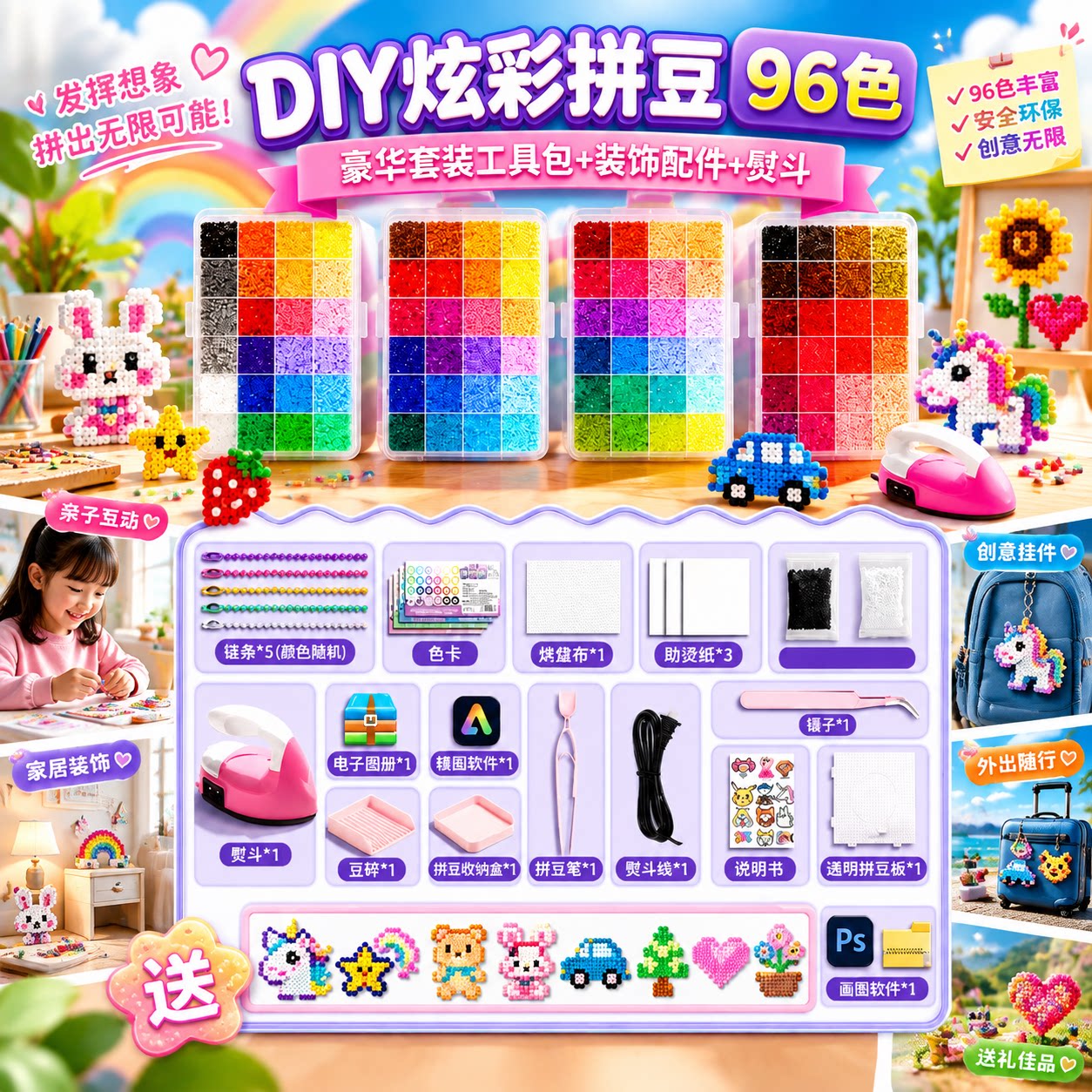 拼拼豆豆手工diy套装3d立体拼豆融合豆益智拼图玩具