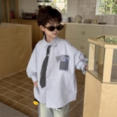 衬衫 儿童领带印花竖条纹长袖 纯棉男童宽松衬衣潮 新款 2026春季