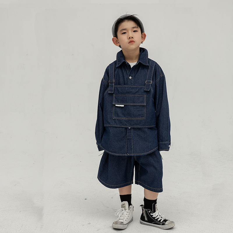 男童牛仔套装2024春季新款儿童工装短裤上衣两件套中大童炸街潮牌