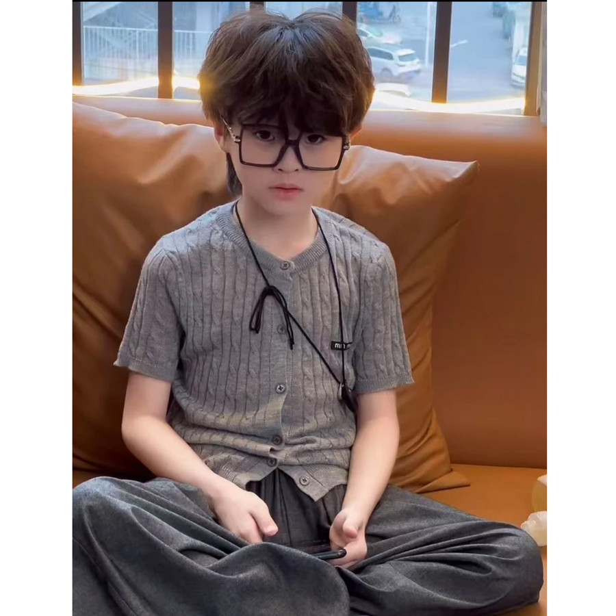男童夏季开衫毛衣2025新款夏装男女宝宝薄款短袖上衣男孩洋气衣服