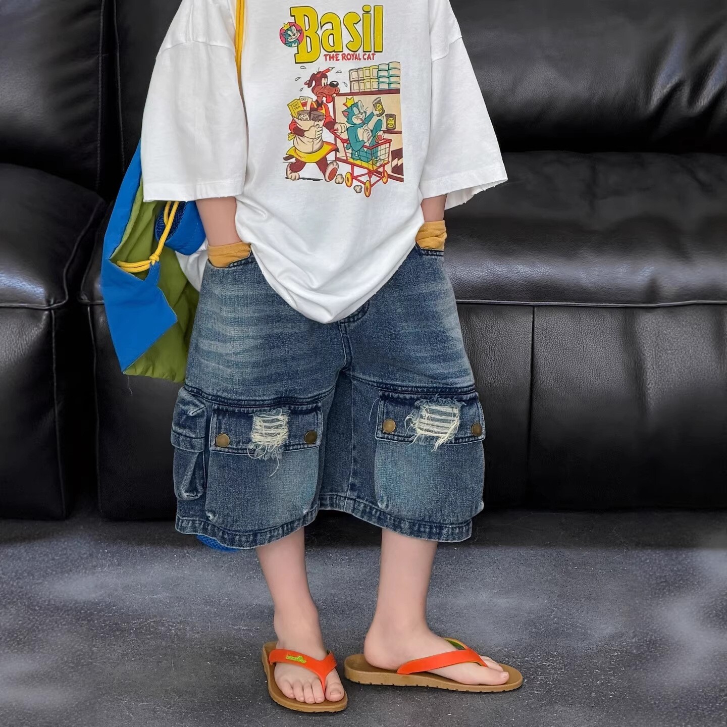 男童工装短裤面包口袋中童夏季牛仔裤韩版美式做旧儿童潮款磨破潮