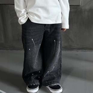 男童冬季加绒加厚泼墨牛仔裤儿童痞帅直筒裤日系休闲裤男孩裤子潮