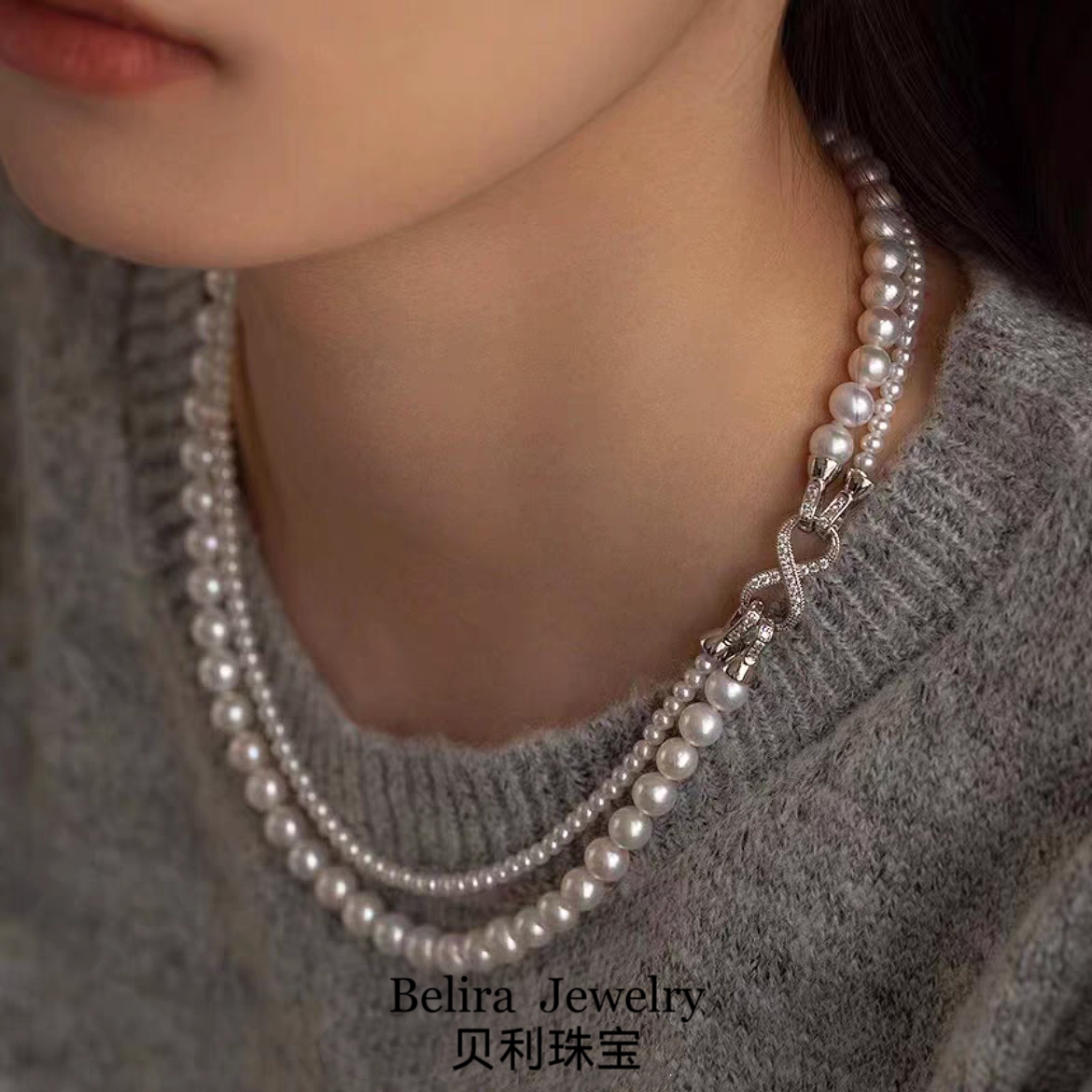 日本海水AKOYA珍珠项链双层项链叠戴多重戴可拆卸小众轻奢锁骨链