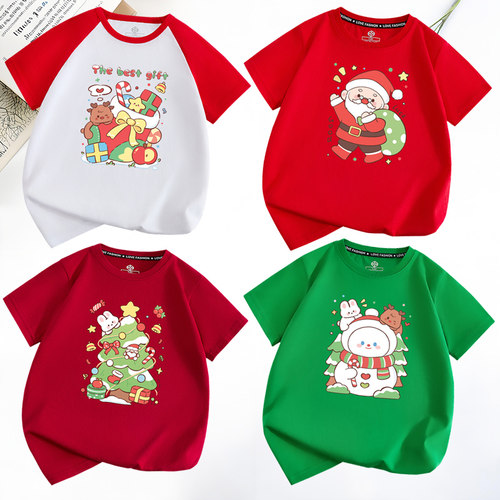 Christmas圣诞节T恤麋鹿红色绿色圣诞短袖男女童装圣诞亲子活动