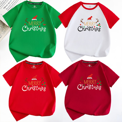 圣诞节短袖t恤麋鹿红色绿色圣诞快乐中小儿童男女亲子装圣诞老人