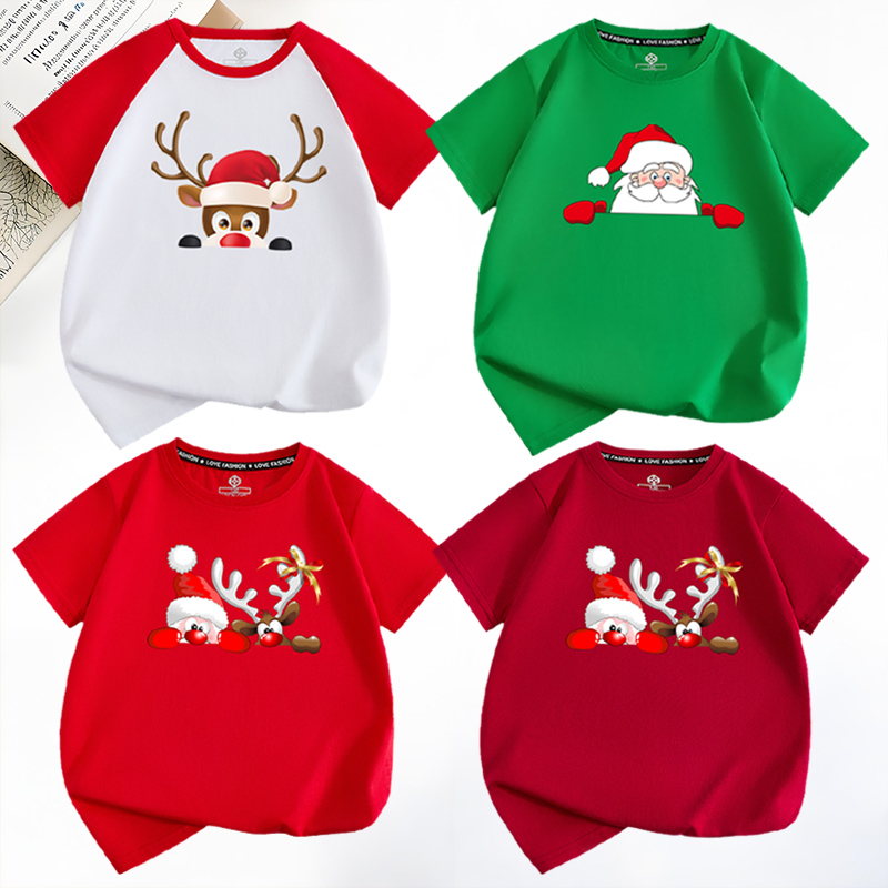 Merry Christmas圣诞节T恤麋鹿短袖亲子装酒红色圣诞中小儿童短袖