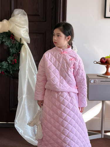 女童棉服裙衍缝缝格子棉衣裙套裙宝宝冬季加厚保暖棉袄裙冬裙