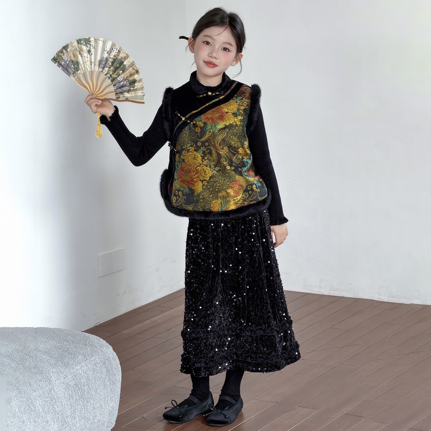 女童新中式套装2025新款儿童国风马甲背心半身裙三件套春秋装