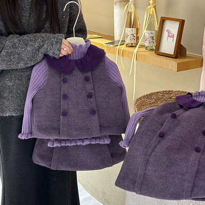 小香风女童毛呢马甲裙半身裙紫色套装秋冬宝宝背心裙加厚连衣裙