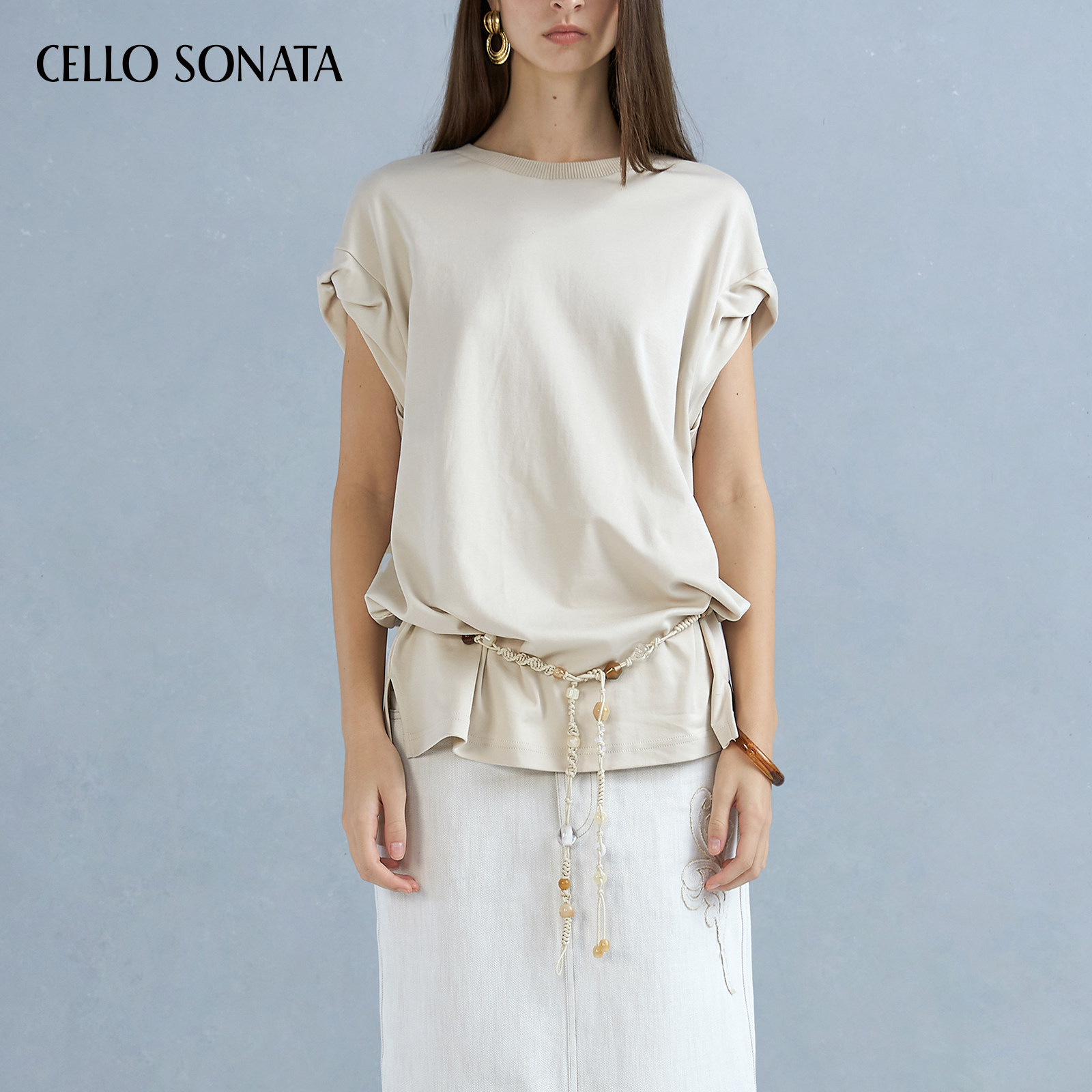 Cello Sonata 春夏新款 天然棉花宽松圆领串珠腰链中长款休闲短袖,女装/女士精品,T恤,淘宝优惠券,粉丝福利购,淘宝优惠卷