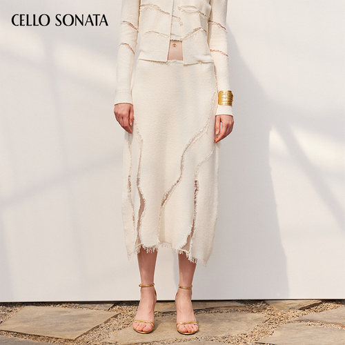 Cello Sonata春夏新品 白色不规则镂空针织半裙