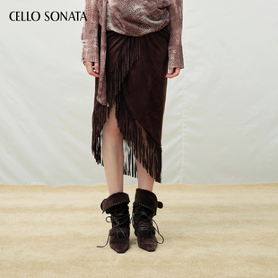 25秋 Sonata Cello 西部不规则麂皮流苏半裙复古半身裙女 新款