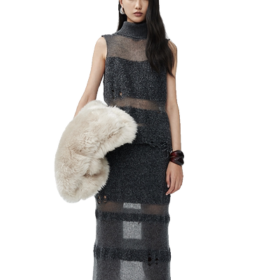 Cello Sonata秋冬款 灰黑色针织镂空拼接破洞无袖高领上衣毛衣