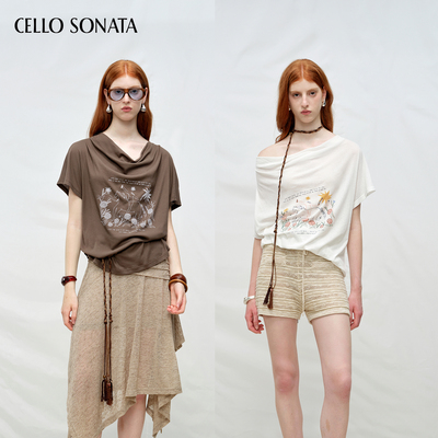 Cello Sonata艺术家联名系列设计感彩色小马印花荡领宽松T恤