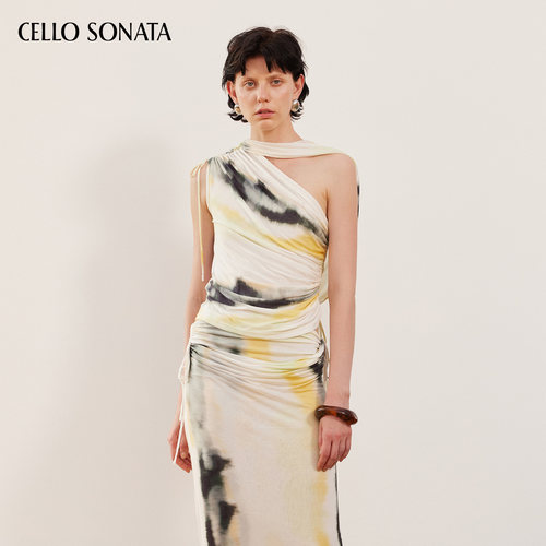 Cello Sonata春夏新品 不规则单肩飘带天丝背心印花抽绳针织上衣