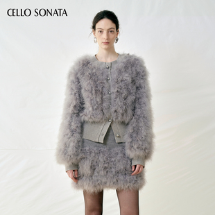 25冬 Sonata Cello 火鸡毛拼接罗纹针织皮草外套夹克 新款