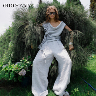 日常休闲透气蓝色亚麻阔腿裤 Cello Sonata夏日胶囊