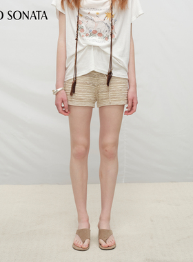 Cello Sonata度假风双纱金黄色口袋针织中腰女士休闲短裤