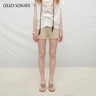Cello Sonata度假风双纱金黄色口袋针织中腰女士休闲短裤