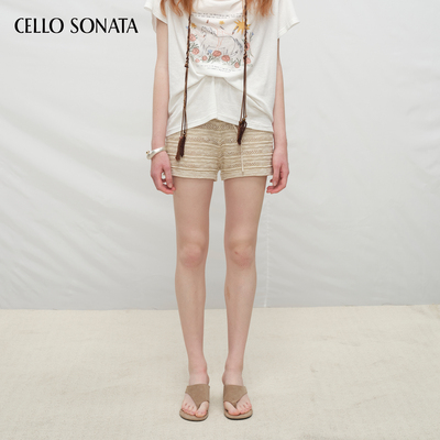 Cello Sonata度假风双纱金黄色口袋针织中腰女士休闲短裤