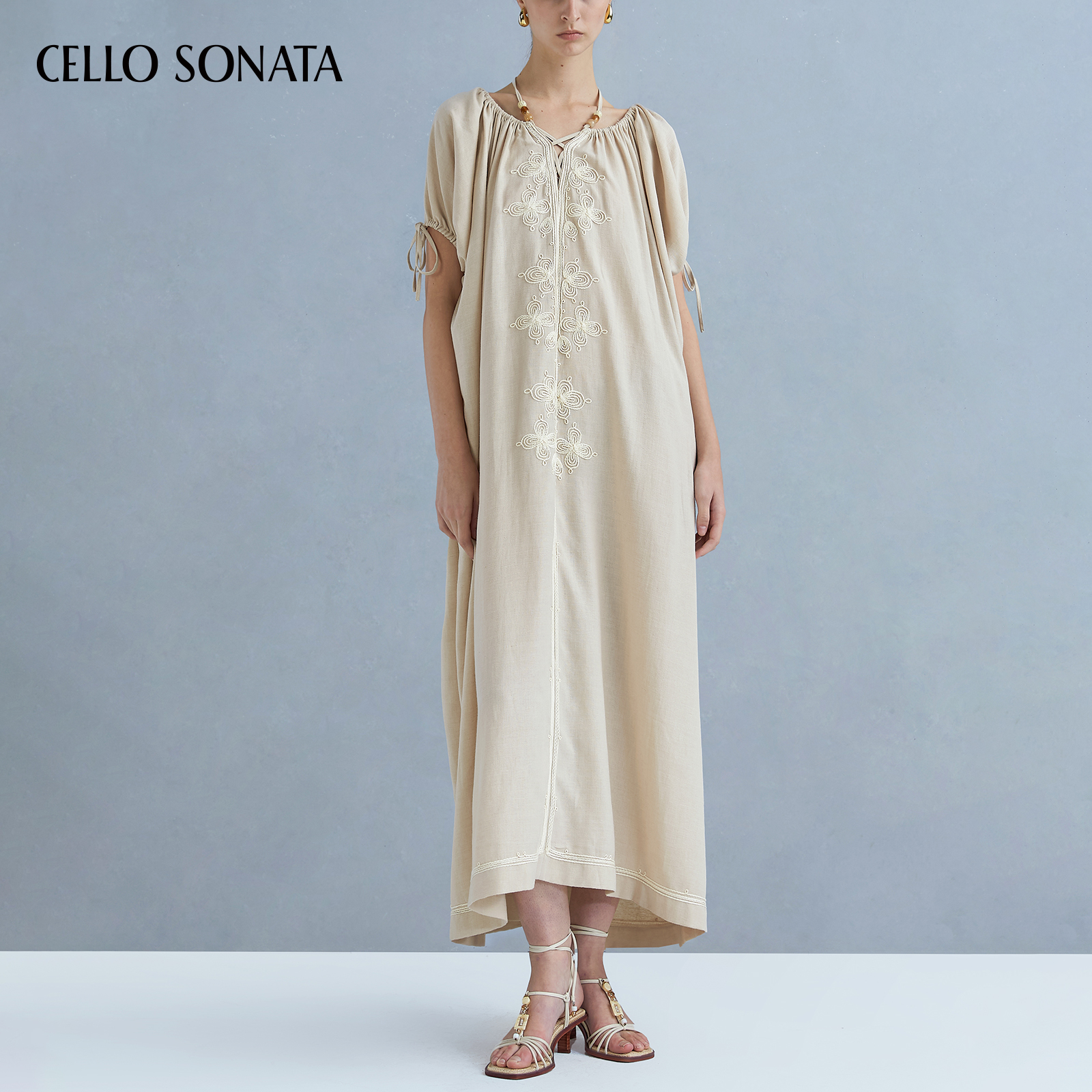 Cello Sonata25春夏新款 宽松盘带绣连衣裙刺绣长款度假风长裙