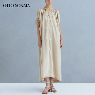 度假风长裙 宽松盘带绣连衣裙刺绣长款 Cello Sonata25春夏新款
