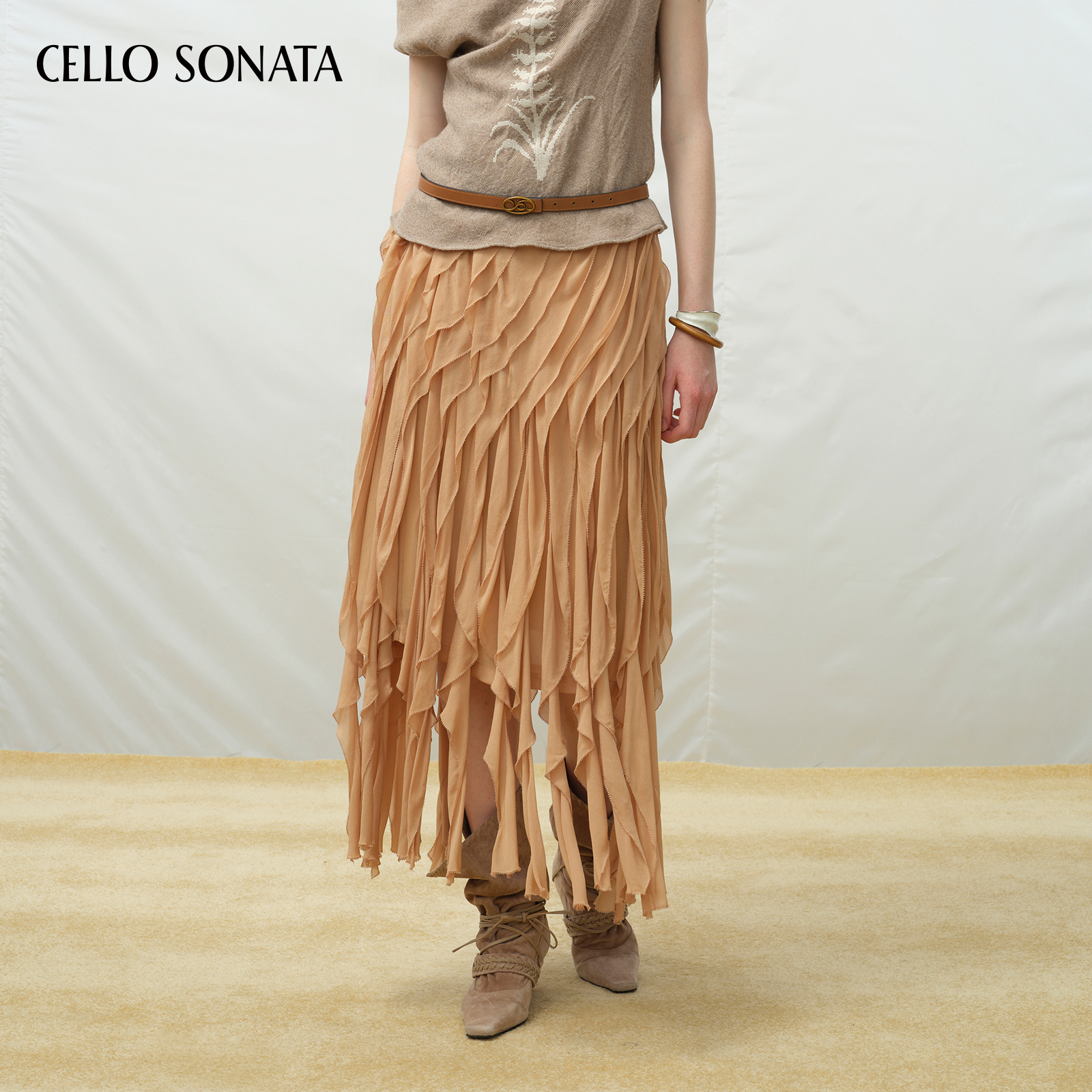 【新款】Cello Sonata 25秋 设计感半身裙人丝荷叶边不规则拼接裙