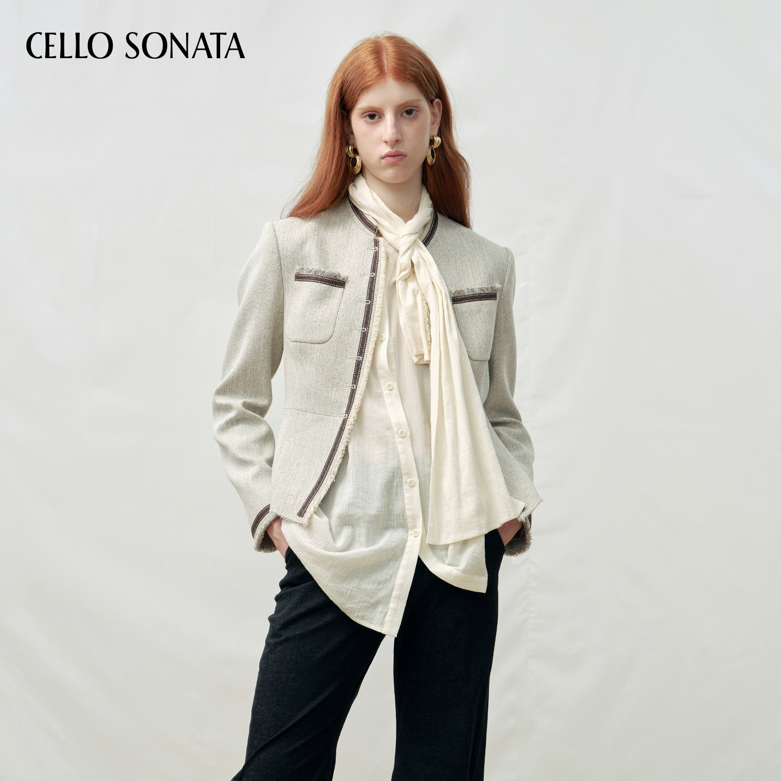 【新款】Cello Sonata 25秋 小香风外套流苏撞色立领收腰西装夹克