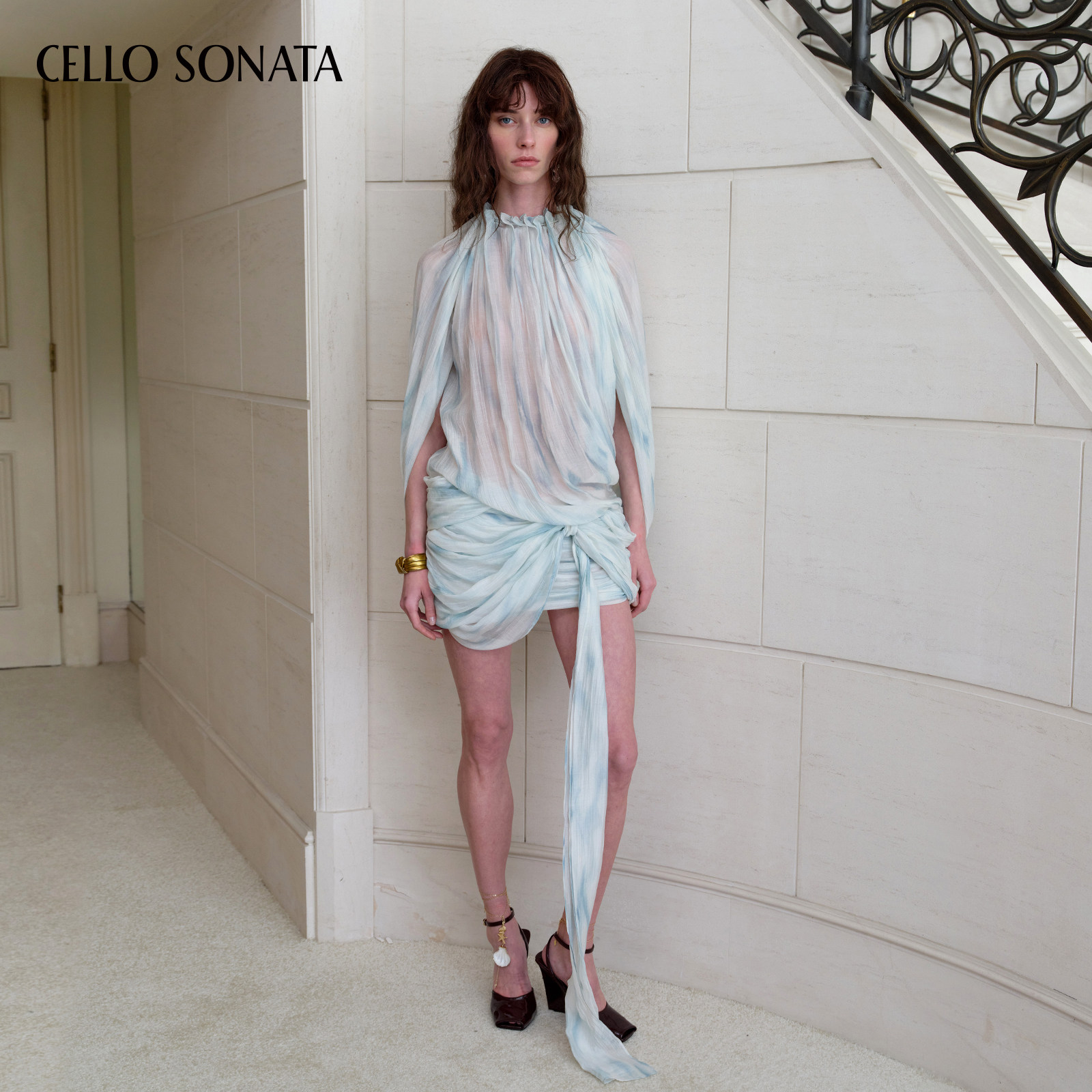 【虞书欣同款】Cello Sonata 2026春夏 水波纹印花斗篷连衣短裙图片