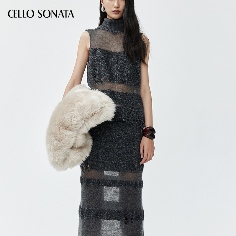 Cello Sonata秋冬款 灰黑色针织镂空拼接破洞无袖高领上衣毛衣