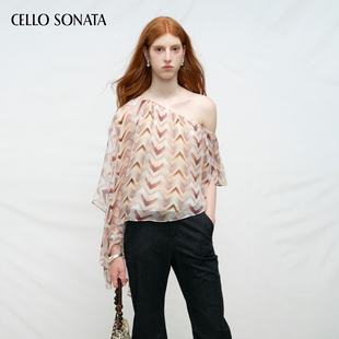 上衣 原创人丝棕色系波纹印花单肩斗篷袖 Cello Sonata