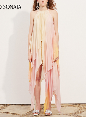 Cello Sonata 春夏新品 太阳花渐变压褶连衣裙