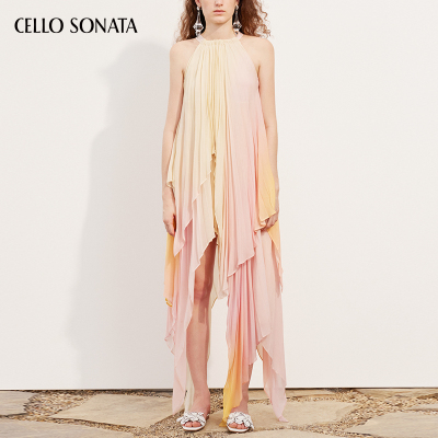 Cello Sonata 春夏新品 太阳花渐变压褶连衣裙
