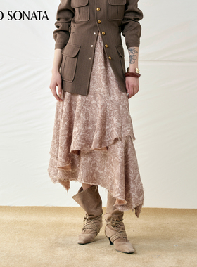 【新款】Cello Sonata 25秋 设计腰果花双层不规则裙摆毛边半身裙