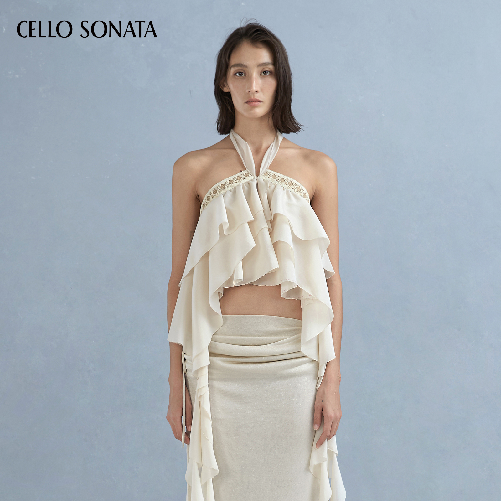 Cello Sonata25春夏新款 民族风织带真丝醋酸荷叶边挂脖上衣