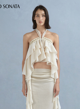 Cello Sonata25春夏新款 民族风织带真丝醋酸荷叶边挂脖上衣