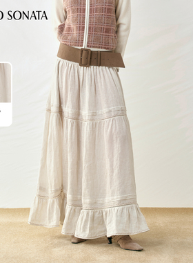 【新款】Cello Sonata 25秋 重工特种刺绣亚麻条纹半身裙白色伞裙