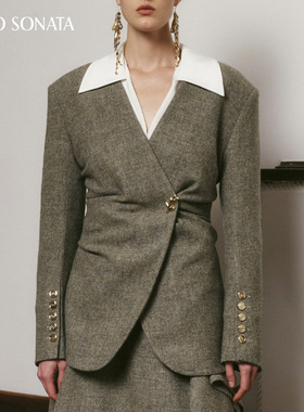 Cello Sonata秋冬新品墨绿色无领收腰宽肩金属扣西装