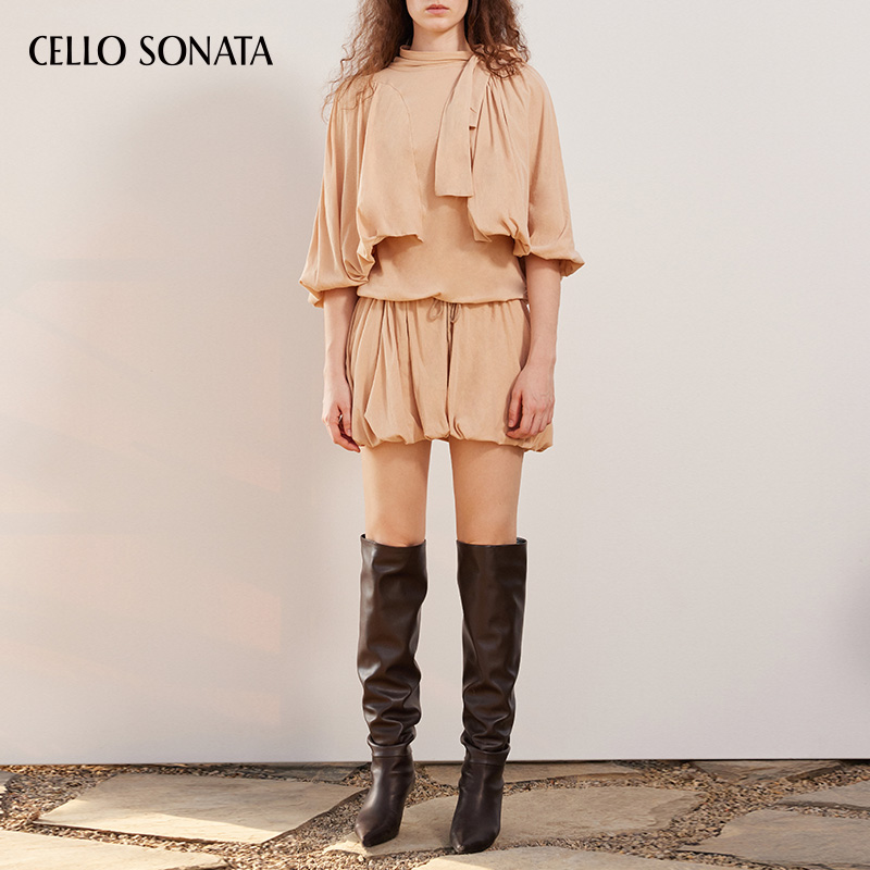 Cello Sonata春夏新品 设计感不规则斗篷灯笼袖绑带连衣裙