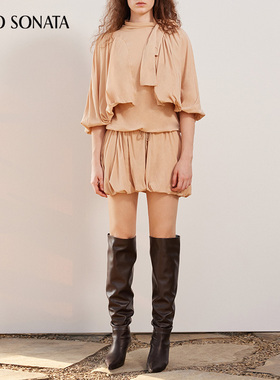 Cello Sonata春夏新品 设计感不规则斗篷灯笼袖绑带连衣裙