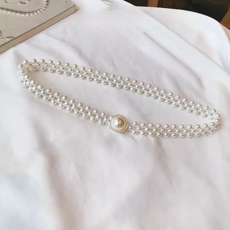 新款珍珠腰链女大珍珠镶钻弹力收腰装饰配裙子毛衣细腰带松紧皮带