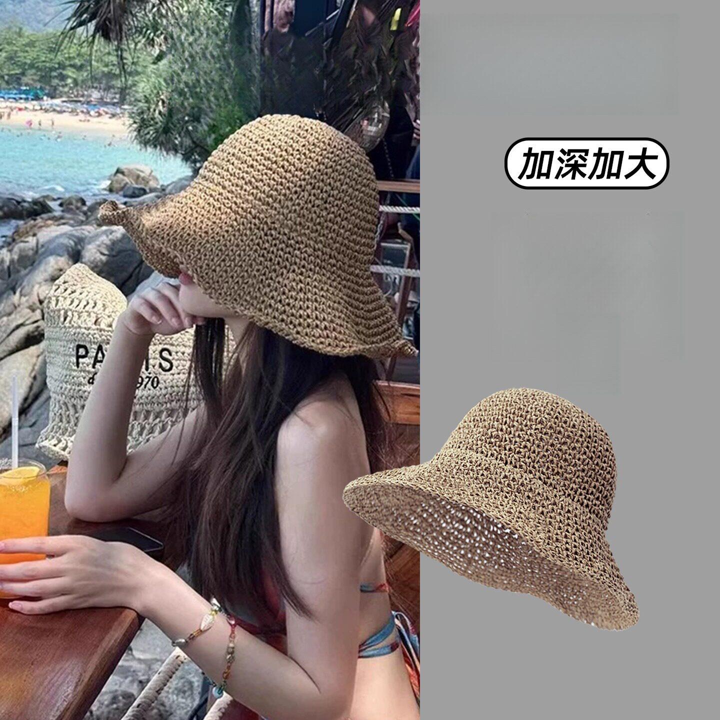 大头围草帽女夏海边防晒帽草帽大帽簷可折叠显脸小渔夫遮阳帽