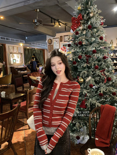 老钱风松弛感上衣撞色条纹假两件针织衫 高级通勤