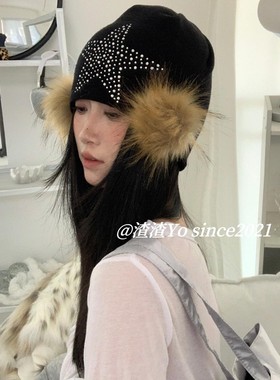 渣渣Yo自制覆古辣妹y2k烫钻毛球五角星头巾帽包头帽针织冷帽保暖